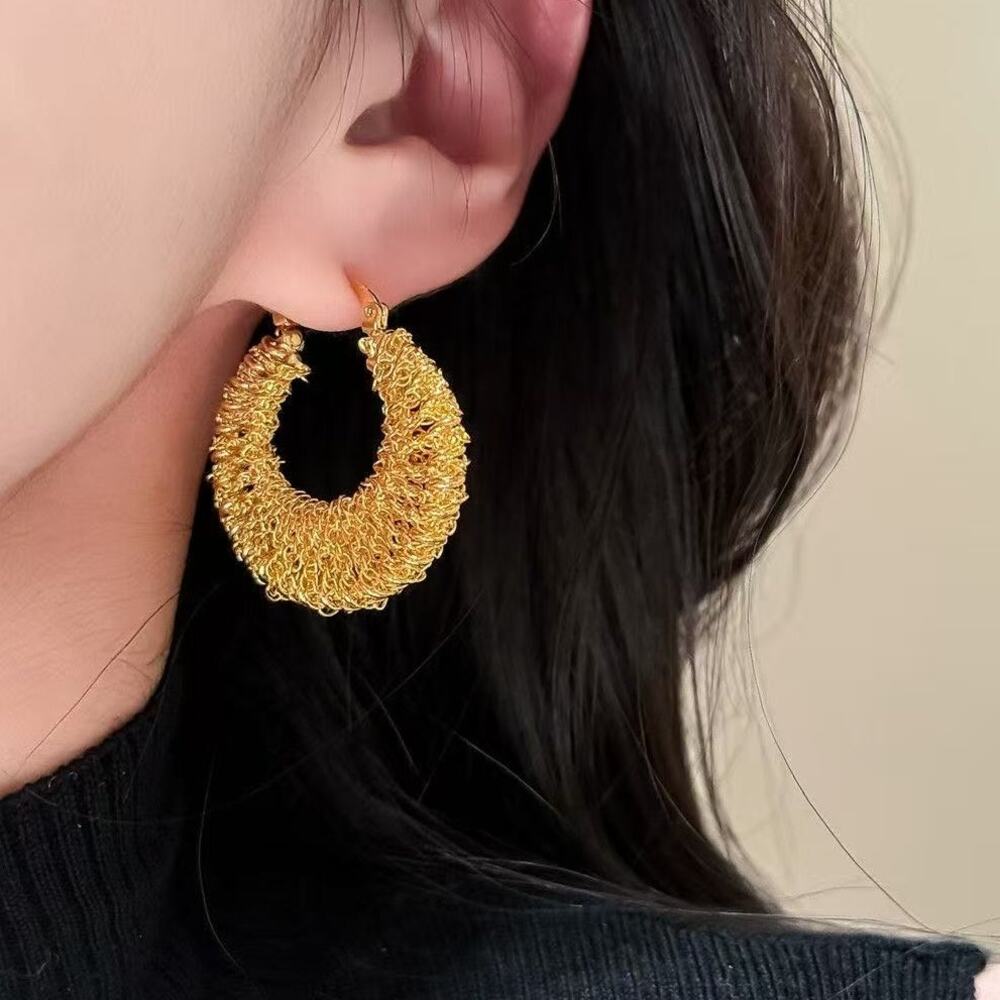Vintage Textured Crinkled Gold Hoop Earrings